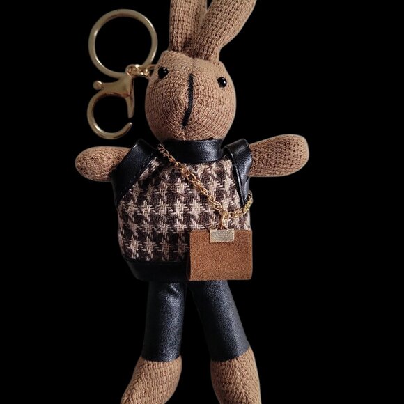 ❤️7" Bunny Keychain Bag Charm Wearing Houndstooth Sweater & Crossbody Purse - Picture 5 of 9